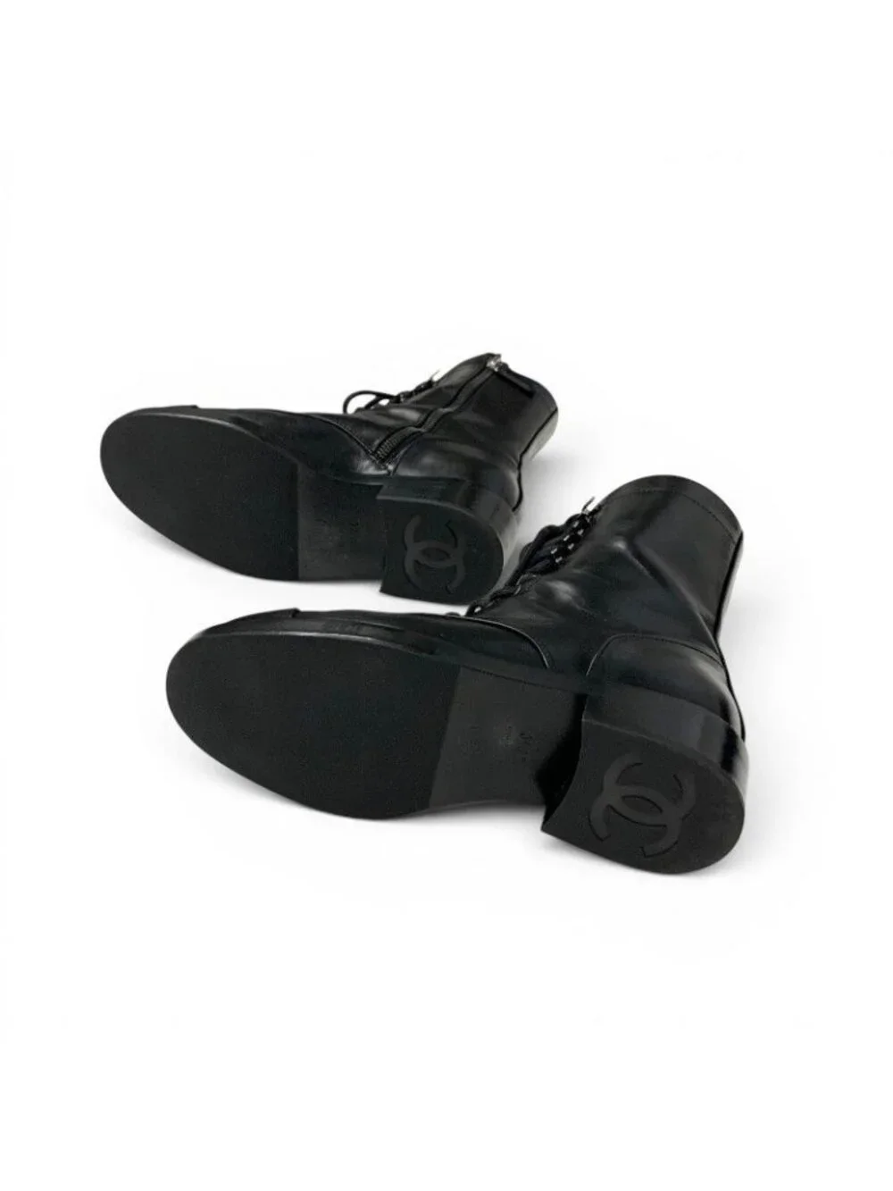 Chanel Boots Short Shoes Leather Black Silver CC Logo Lace